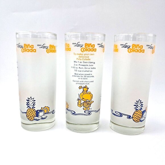 Vintage Coco López Piña Colada Glasses Set 3 Frosted Recipe Tiki Barware 10 OZ - Picture 1 of 6